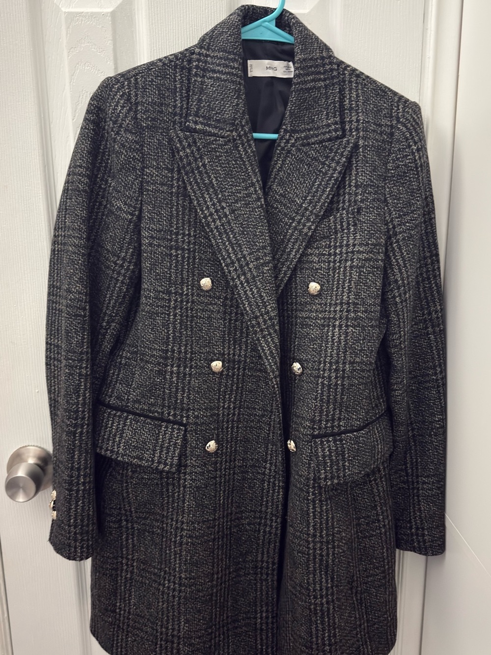 Mango Black and Gray Plaid Double-Breasted Blazer Coat with Gold Buttons